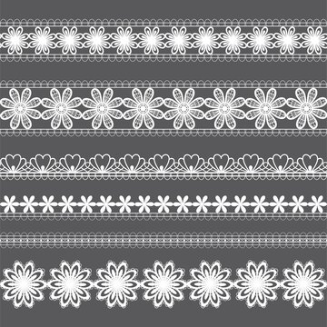 Lace pattern floral elements. Vintage seamless figured lace borders, vector wedding lace decoration. Seamless white gorgeous stripe, delicate simple pattern Lase flowers