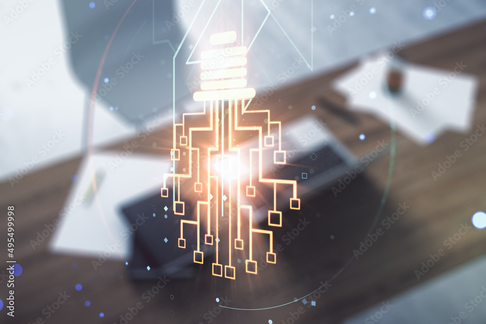 Aufkleber Creative light bulb with chip hologram and modern desk with computer on background, artificial Intelligence and neural networks concept. Multiexposure