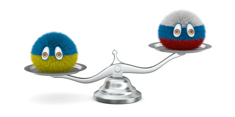 Two furry monsters and scale on white background. Isolated 3D illustration