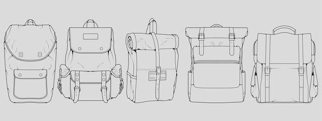 Set of backpack outline drawing vector, set of Backpack in a sketch style, trainers template outline, vector Illustration.
 - obrazy, fototapety, plakaty