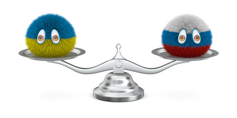 Two furry monsters and scale on white background. Isolated 3D illustration