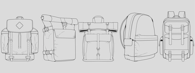 Set of backpack outline drawing vector, set of Backpack in a sketch style, trainers template outline, vector Illustration.
