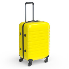 Small yellow polycarbonate suitcase isolated on white background.