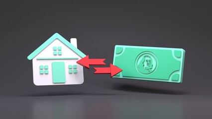 House and money icon. The concept of buying and selling housing. 3d rendering.