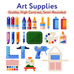 Art supplies icon graphic stock images including paint brushes, crayons, spray paint cans, markers, cutting knife, cutting mat, traditional painter's palette, glue, right angle ruler, T-square, etc.