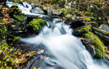 Fototapeta na wymiar Mossy rocks in stream with smooth flowing water
