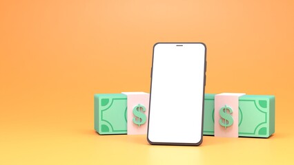 A phone with a white screen and a stack of dollars. 3d render.