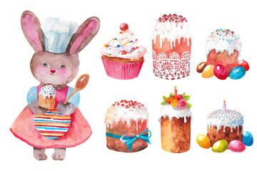 Easter rabbit. Watercolor set of bunnies for Easter isolated on white background