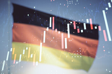 Double exposure of abstract creative financial chart hologram on German flag and blue sky background, research and strategy concept