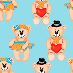 Seamless pattern with Teddy bears boy and girl in cartoon on blue.Childish background and texture for printing on fabrics and paper.Hand drawn vector illustration of stuffed animal toys