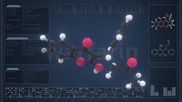 Warfarin molecule with description on the computer screen, loopable 3d animation