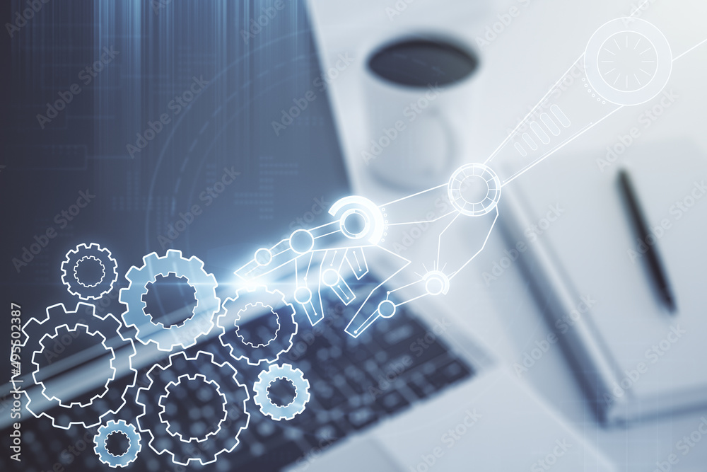 Poster creative abstract robotics technology hologram on modern computer background, artificial intelligenc