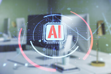 Double exposure of creative artificial Intelligence abbreviation with computer on background....