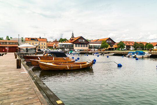 Sweden, Vastervik, Boats moored in harbor
