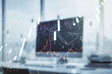 Multi exposure of abstract financial diagram with world map on computer background, banking and accounting concept