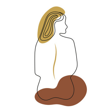 Vector outline illustration of woman body on abstract blobe background. One line drawing. Use it as greeting card, poster, banner, social media post, fashion print, invitation, sale, brochure