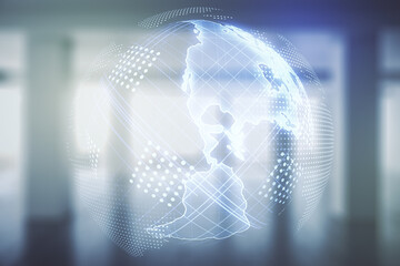 Obraz premium Double exposure of digital map of North America hologram on empty modern office background, research and strategy concept