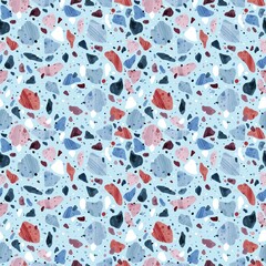Colorful venetian terrazzo imitation seamless pattern. Watercolor marble texture with stone fragments. Modern minimalistic floor tile for interior decoration. Trendy abstract hand drawn illustration.