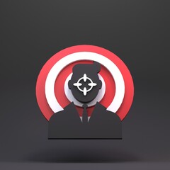Businessman and crosshair icon. The concept of finding an employee. 3d render.