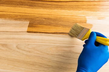 A man covers an oak table with oil with a yellow brush in blue rubber gloves. oiled wooden table top.