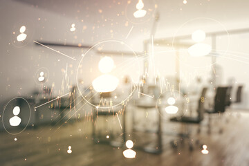 Abstract virtual social network hologram on a modern furnished classroom background. Double exposure