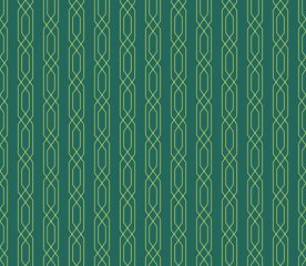 Retro geometric seamless pattern with crossed line rhombus. Golden outline vintage style for wallpaper green background