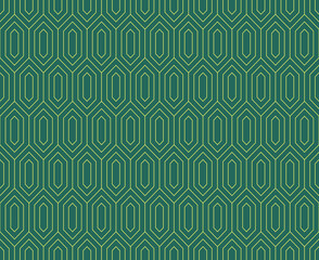 Retro geometric style seamless pattern with golden line diamonds and rhombus on green jade background for wallpaper vector illustration