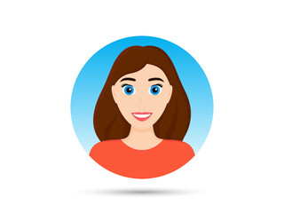 User woman avatar. People profile icon. Female person face with smile. Woman character portrait. User customer profile avatar. Young girl with blue big eyes. Happy european appearance person. Vector