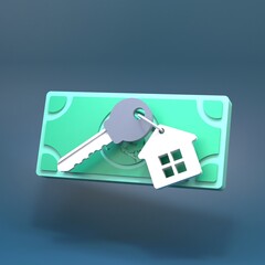 House or apartment key and dollars. Real estate purchase concept. 3d render.