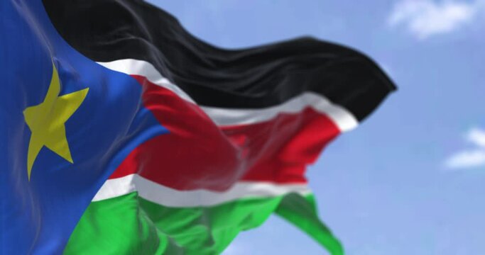 Detail of the national flag of South Sudan waving in the wind on a clear day - Powered by Adobe