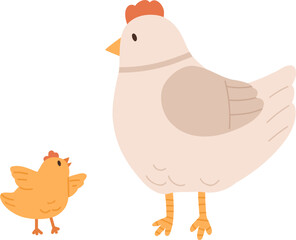 Cute Hen and Chick Childish Cartoon Illustration
