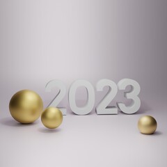 3d render of 2023 illustration date in white color with gold