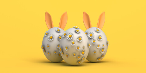 Easter eggs with daisy flowers and Easter bunny ears. Copy space. 3D illustration.