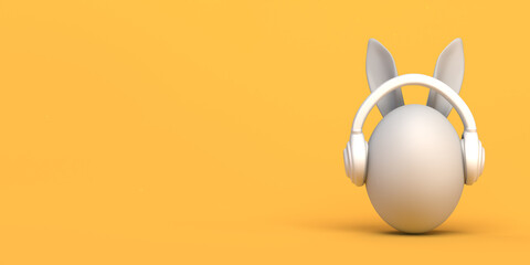 Easter egg with easter bunny ears and headphones. Copy space. 3D illustration.