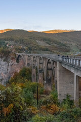 Fototapeta na wymiar Tara Bridge in Montenegro with autumn colors and blue sky on a sunny day