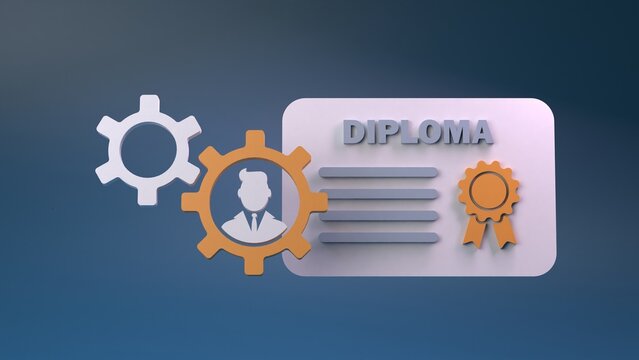 Diploma and gears. 3D render illustration.