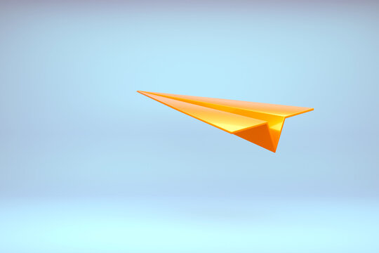 Gold origami paper airplane icon on blue background. 3d render illustration.	
