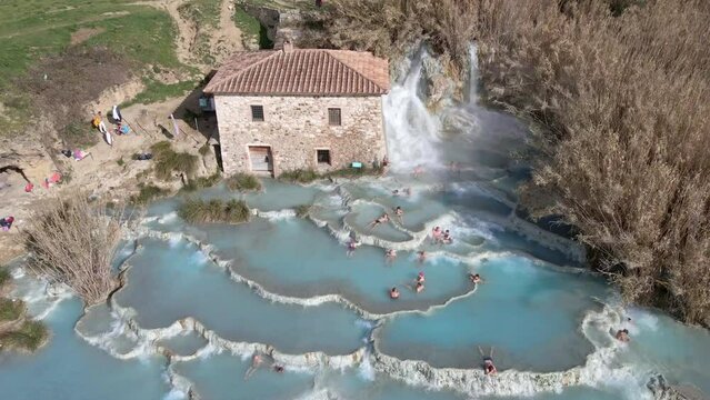 Aerial view of Cascate del Mulino di Saturnia, Tuscany, Italy