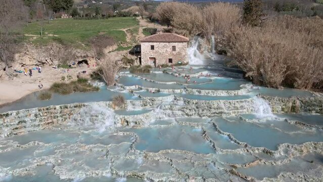 Aerial view of Cascate del Mulino di Saturnia, Tuscany, Italy