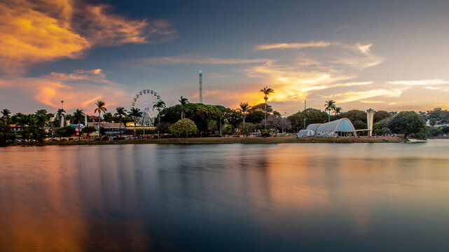 Sunset at the Pampulha lagoon, in Belo Horizonte, overlooking the Church of Sao Francisco de Assis and Guanabara Park.