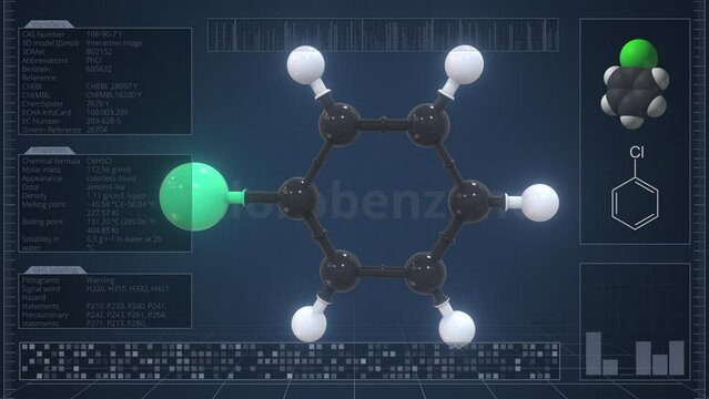 Overview of the molecule of chlorobenzene on the computer screen. Loopable 3d animation