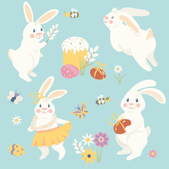 White kind cute Easter bunny in various poses. Easter bunny, chocolate egg, spring flowers, striped bee, Easter element. Set of vector illustrations, complex flat, cartoon, blue background
