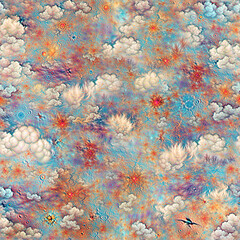 Clouds seamless tileable texture illustration. Tile pattern of digital painting in impressionism style for wallpaper or fabric. Generative AI