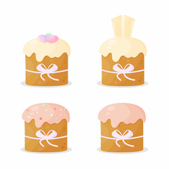 Colorful easter cakes set vector illustration.
Easter cakes with eggs, decorations, bow  and easter bunny