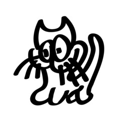 Cat drawn with a marker. Sketch, black icon isolated on white background. Felt-tip pen drawing. Funny hand art. Vector illustration