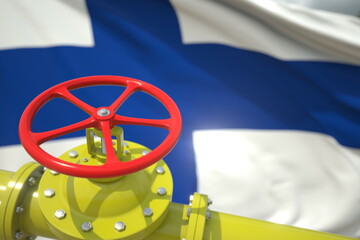 Gas or oil pipe valve and flag of Finland. Conceptual 3d rendering