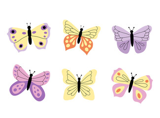 A set of modern butterflies in a hand-drawn flat style. Vector illustrations isolated on a white background. Colorful different insects butterflies