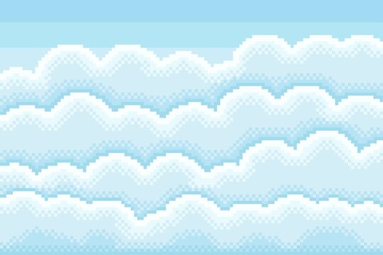 Blue sky with clouds pixel art. Vector illustration.