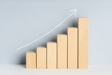 Wooden block financial bar chart graph with upward trend line drawn on background. Growing business...