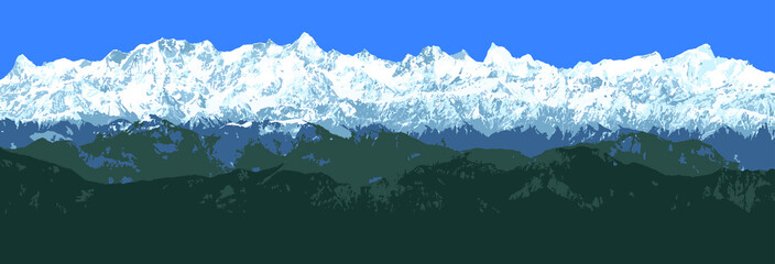 Great Himalayan range, Himalayas mountains vector illustration, snowcapped white and blue colored mountain